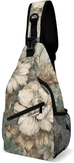 Brown Floral Pictures Sling Backpack Crossbody Sling Bag Chest Bag Daypack Fanny Pack Cross Body Bag for Outdoors