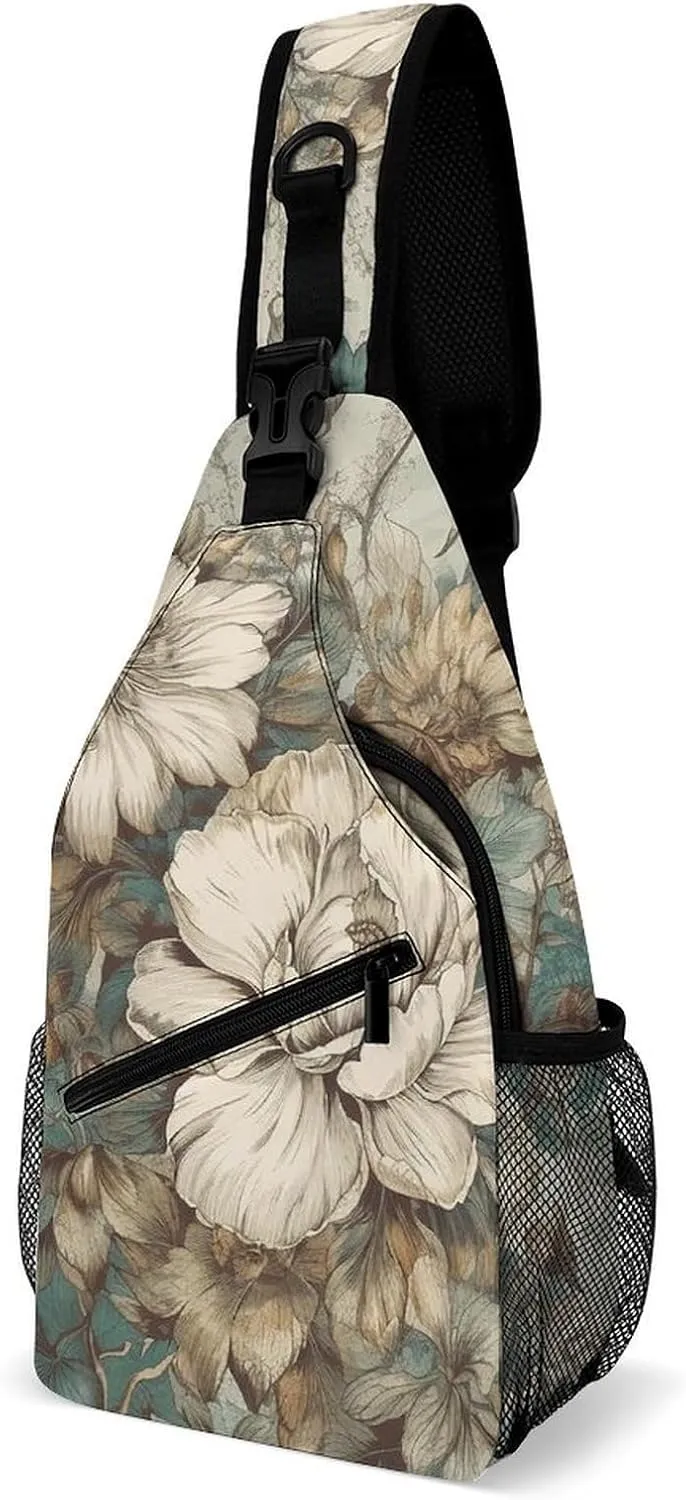 Brown Floral Pictures Sling Backpack Crossbody Sling Bag Chest Bag Daypack Fanny Pack Cross Body Bag for Outdoors