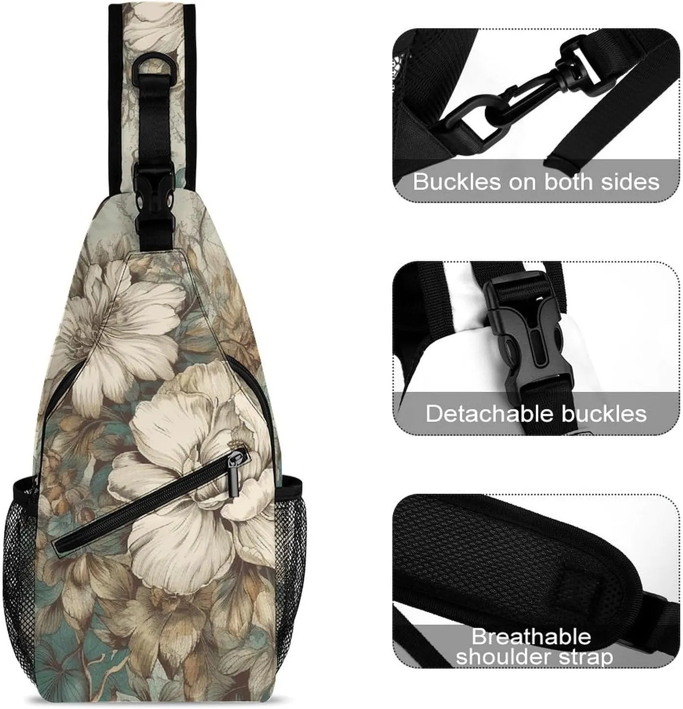 Brown Floral Pictures Sling Backpack Crossbody Sling Bag Chest Bag Daypack Fanny Pack Cross Body Bag for Outdoors