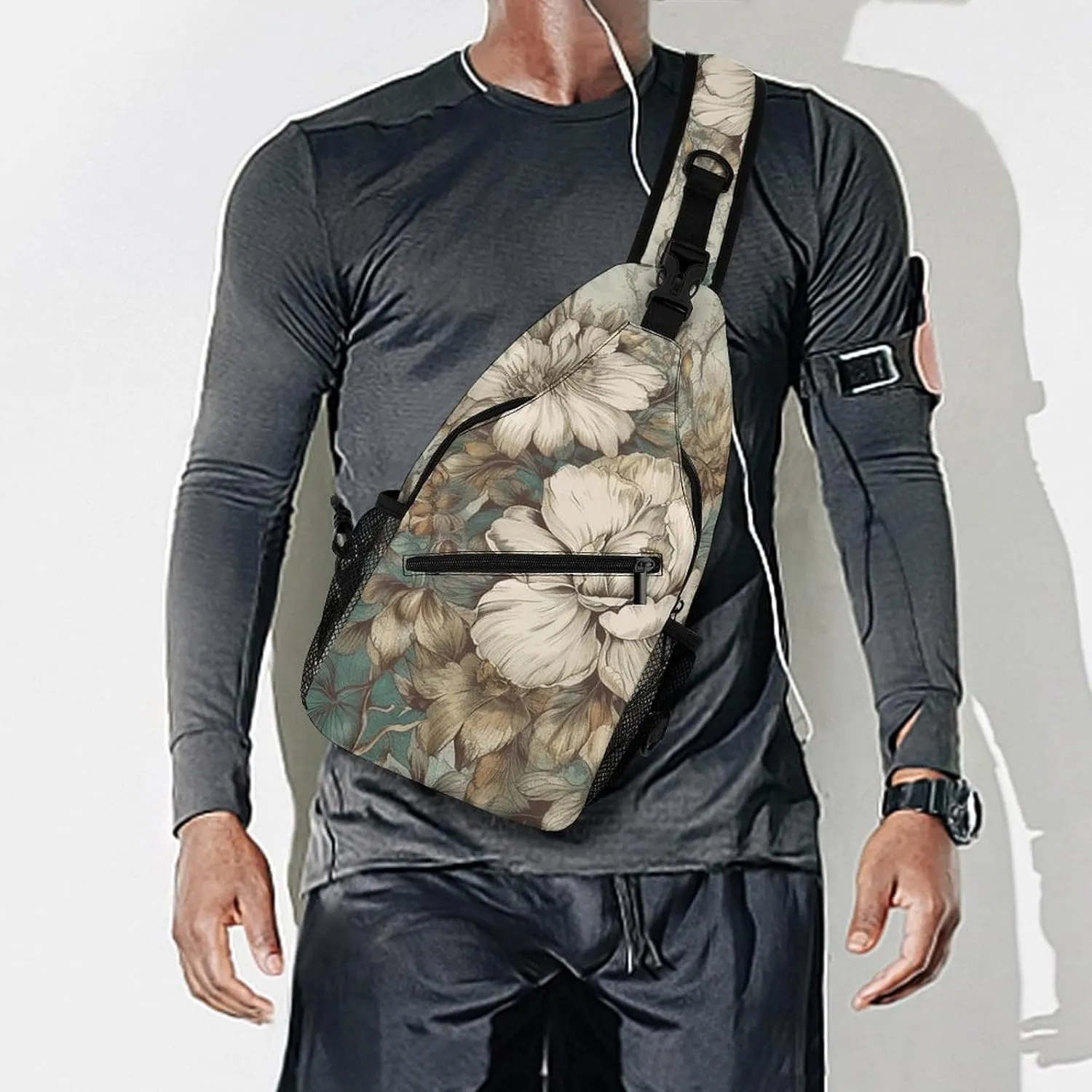 Brown Floral Pictures Sling Backpack Crossbody Sling Bag Chest Bag Daypack Fanny Pack Cross Body Bag for Outdoors