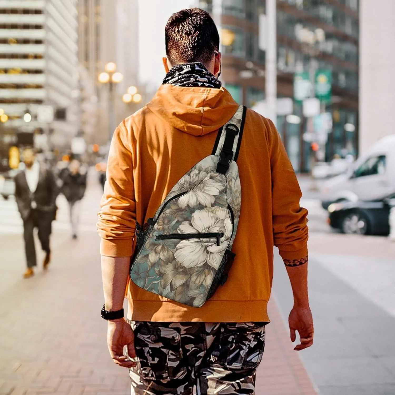 Brown Floral Pictures Sling Backpack Crossbody Sling Bag Chest Bag Daypack Fanny Pack Cross Body Bag for Outdoors