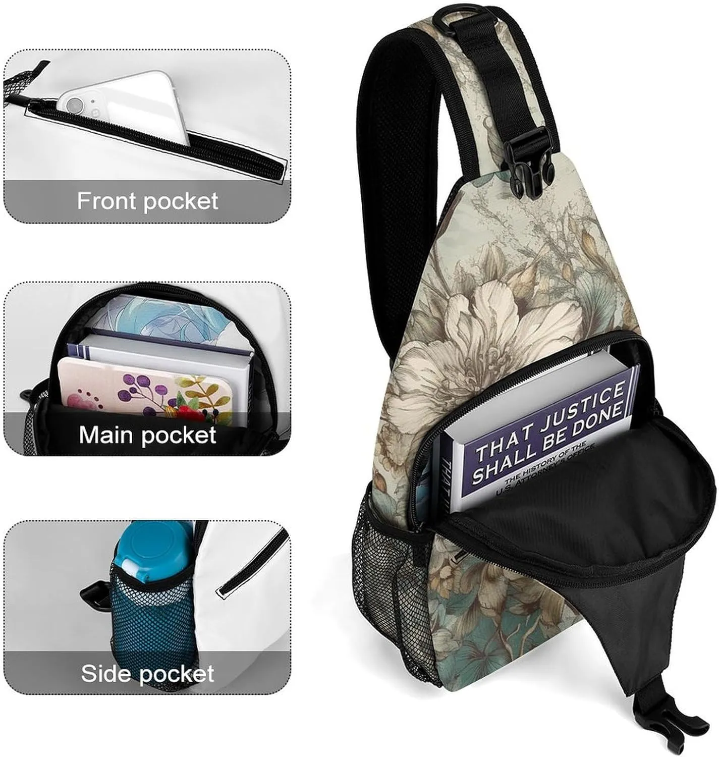 Brown Floral Pictures Sling Backpack Crossbody Sling Bag Chest Bag Daypack Fanny Pack Cross Body Bag for Outdoors