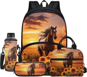 Brown Horse Sunflower Sunset Student Schoolbag Big Capacity Book Bags Laptop Backpack for Kids Girls Boys Pencil Case Lunch Bag Water Cup Pouch Travel Bookbag Rucksack with Compartments