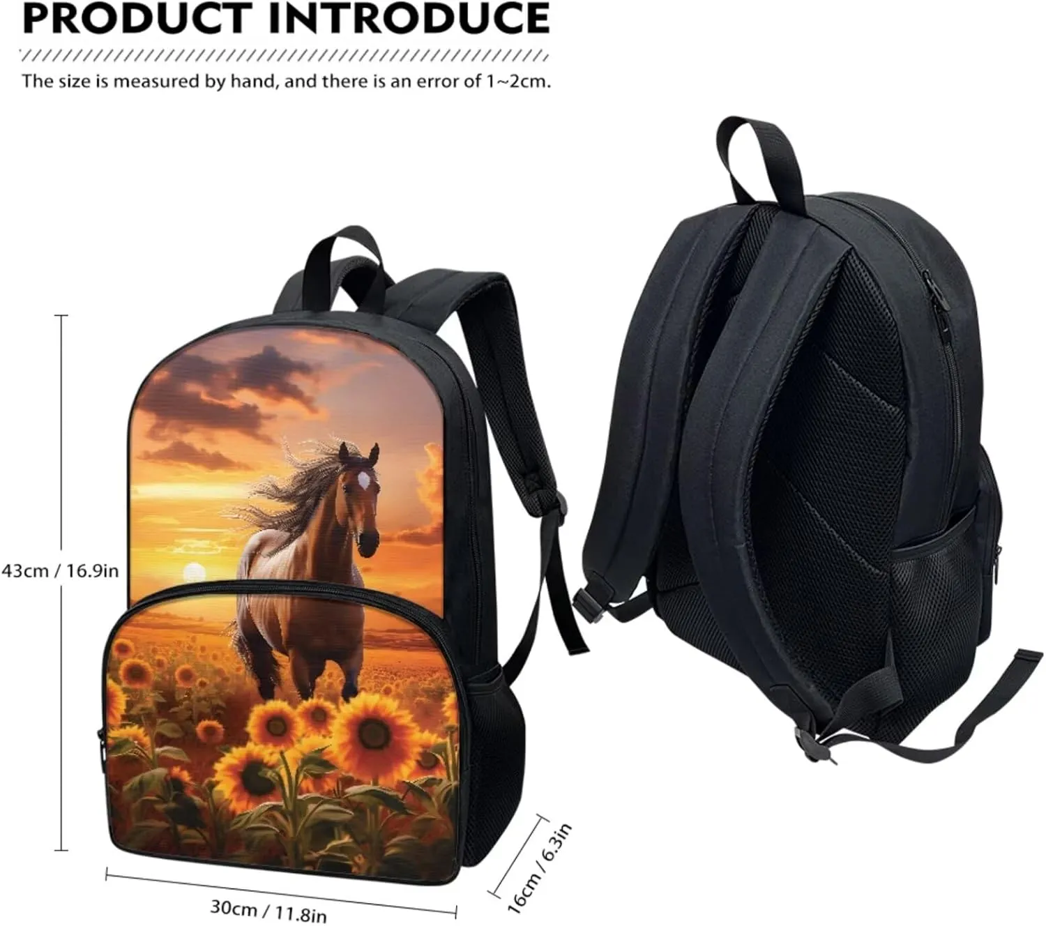 Brown Horse Sunflower Sunset Student Schoolbag Big Capacity Book Bags Laptop Backpack for Kids Girls Boys Pencil Case Lunch Bag Water Cup Pouch Travel Bookbag Rucksack with Compartments