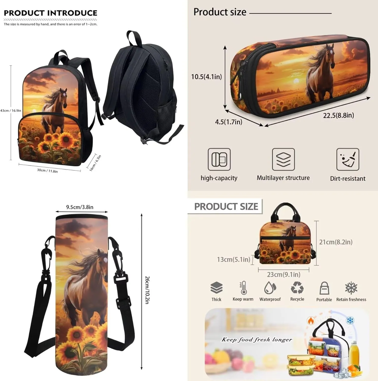 Brown Horse Sunflower Sunset Student Schoolbag Big Capacity Book Bags Laptop Backpack for Kids Girls Boys Pencil Case Lunch Bag Water Cup Pouch Travel Bookbag Rucksack with Compartments