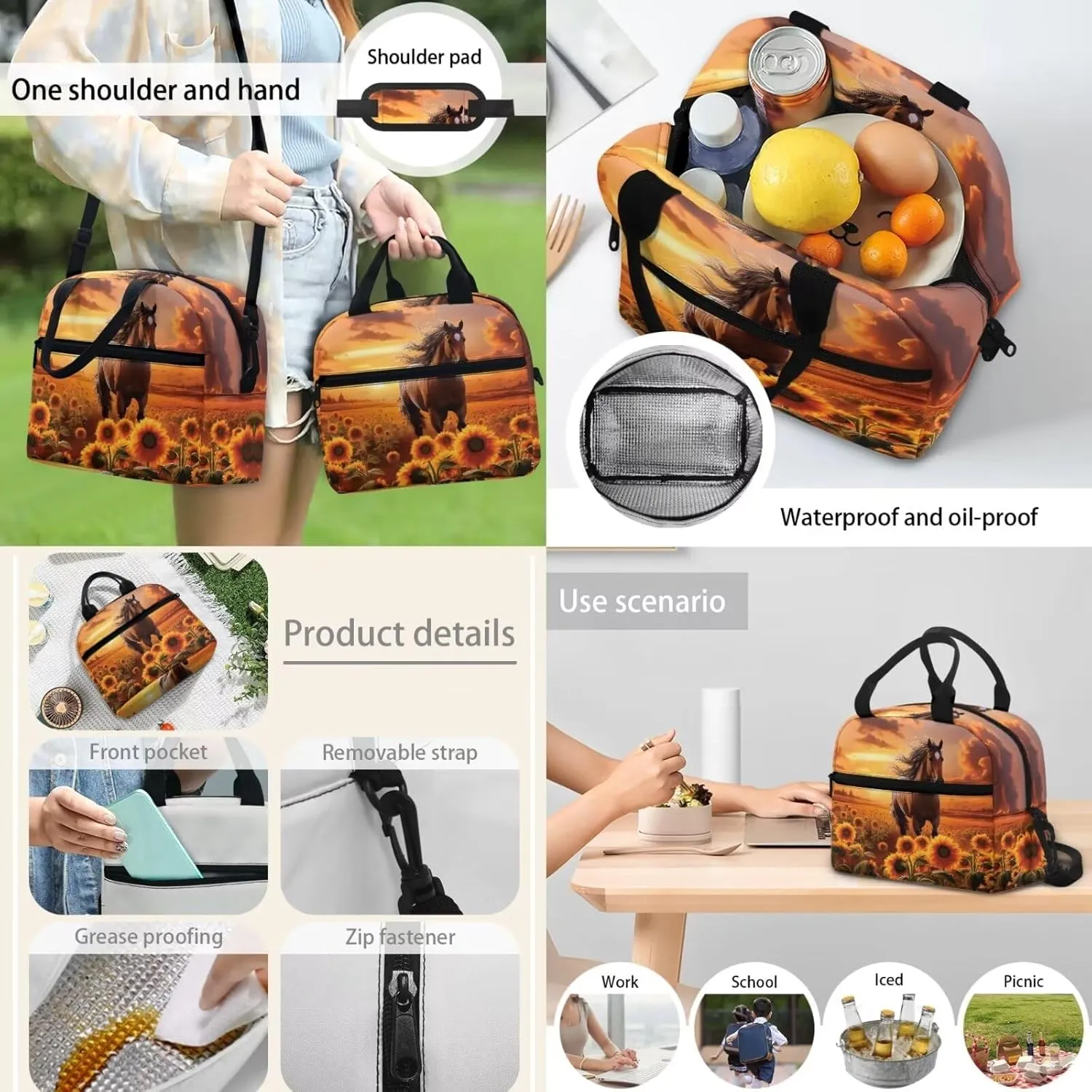 Brown Horse Sunflower Sunset Student Schoolbag Big Capacity Book Bags Laptop Backpack for Kids Girls Boys Pencil Case Lunch Bag Water Cup Pouch Travel Bookbag Rucksack with Compartments
