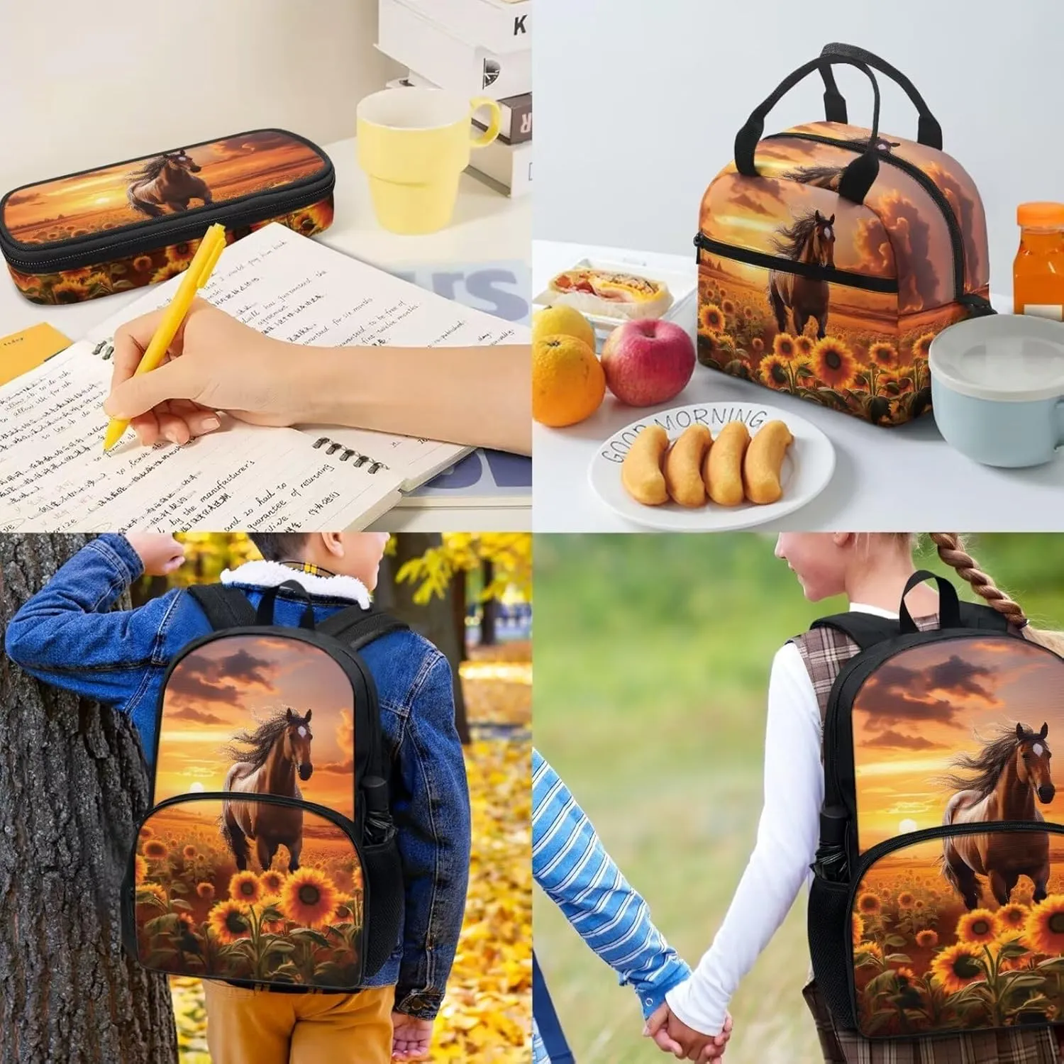 Brown Horse Sunflower Sunset Student Schoolbag Big Capacity Book Bags Laptop Backpack for Kids Girls Boys Pencil Case Lunch Bag Water Cup Pouch Travel Bookbag Rucksack with Compartments