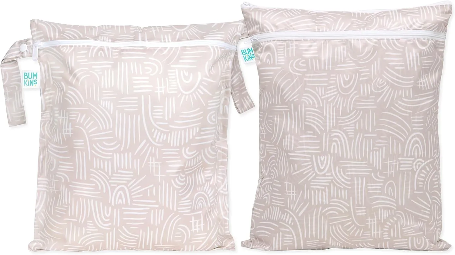 Bumkins Waterproof Wet and Wetdry Bags for Baby, Travel, Swim Suit, Cloth Diaper, Pump Parts, Pool, Beach, Gym Clothes, Toiletry, Hook to Stroller, Daycare, Zipper Reusable Packing Pouch, Boho Beige