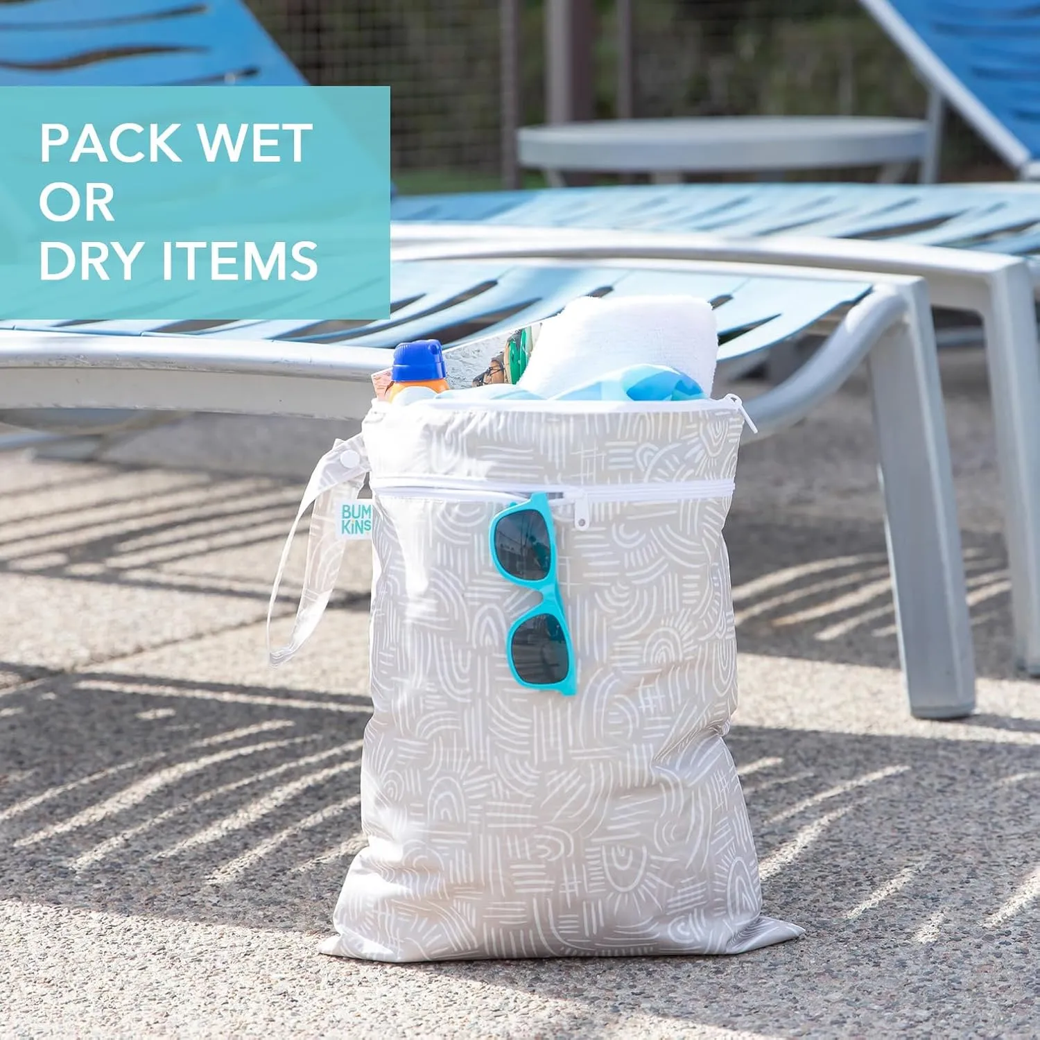 Bumkins Waterproof Wet and Wetdry Bags for Baby, Travel, Swim Suit, Cloth Diaper, Pump Parts, Pool, Beach, Gym Clothes, Toiletry, Hook to Stroller, Daycare, Zipper Reusable Packing Pouch, Boho Beige
