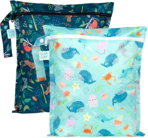 Bumkins Waterproof Wet Bag for Baby, Travel, Swim Suit, Cloth Diapers, Pump Parts, Pool, Beach, Gym Clothes, Toiletry, Hook to Stroller, Daycare, Zipper Reusable Wetdry Packing, 2-pk Ocean and Jungle