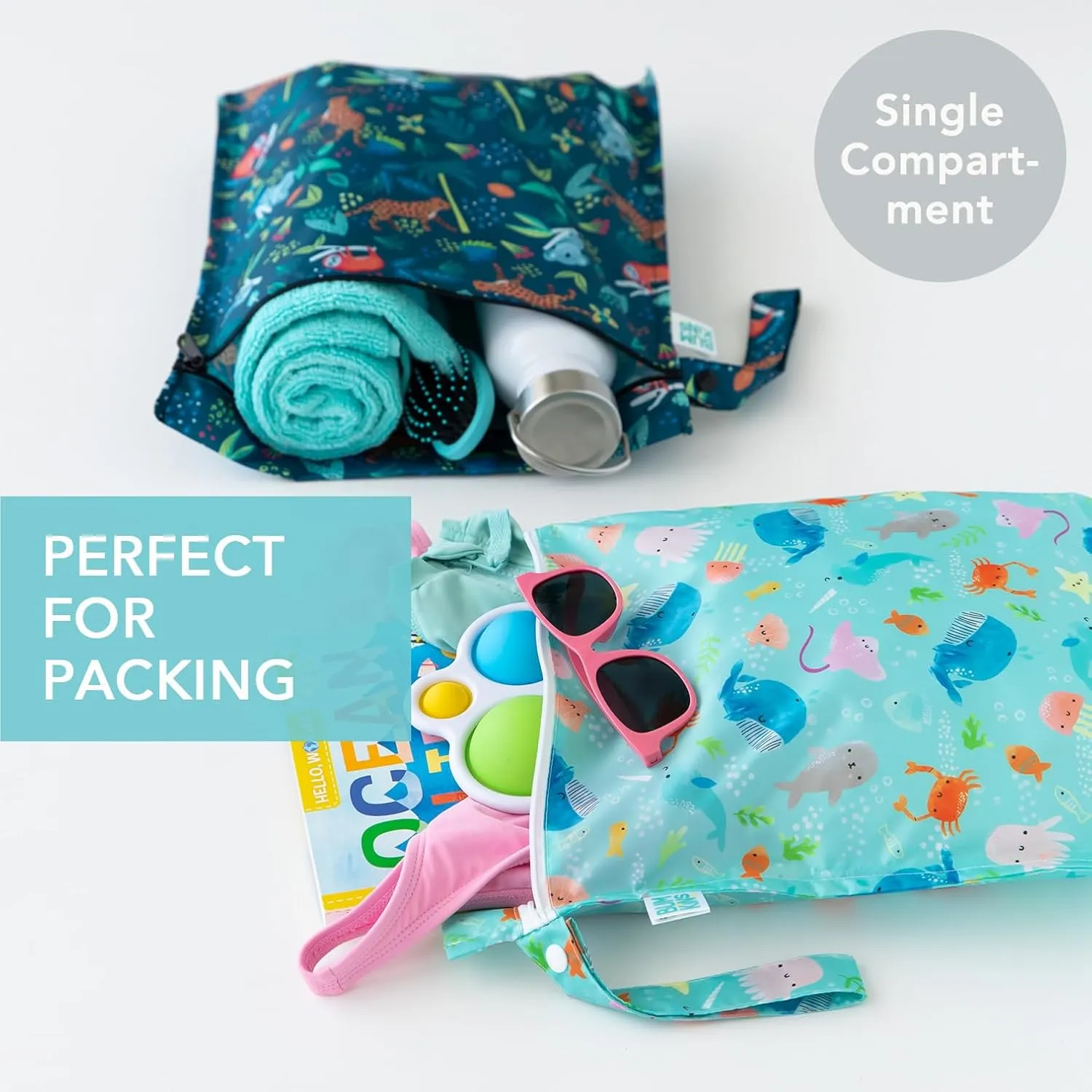 Bumkins Waterproof Wet Bag for Baby, Travel, Swim Suit, Cloth Diapers, Pump Parts, Pool, Beach, Gym Clothes, Toiletry, Hook to Stroller, Daycare, Zipper Reusable Wetdry Packing, 2-pk Ocean and Jungle