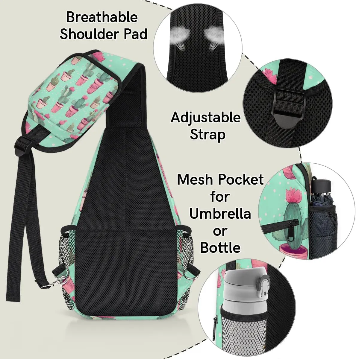 Cactus Sling Bag for Women Men, Waterproof Crossbody Sling Backpack Sports Travel Outdoor Chest Bag