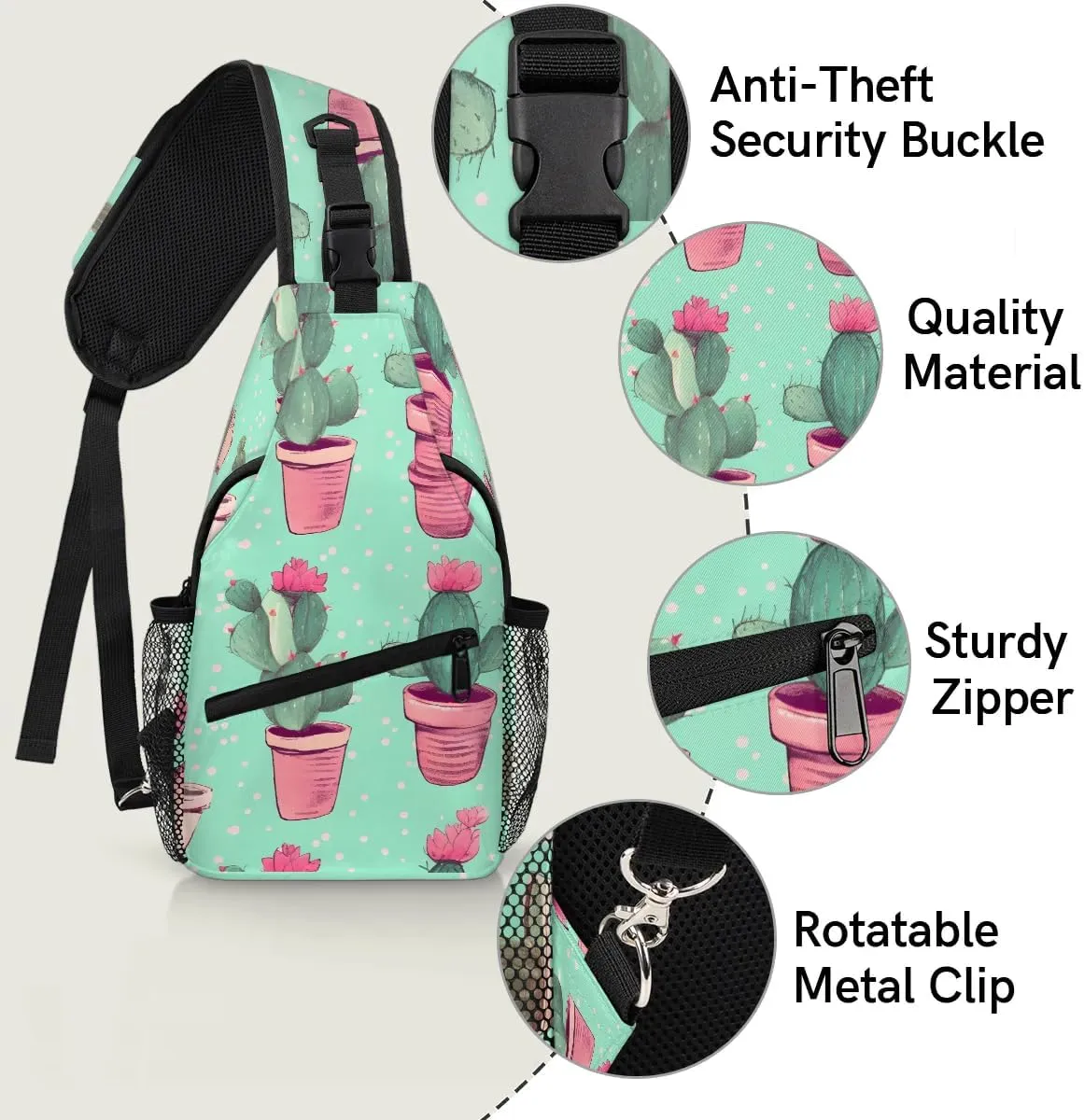 Cactus Sling Bag for Women Men, Waterproof Crossbody Sling Backpack Sports Travel Outdoor Chest Bag