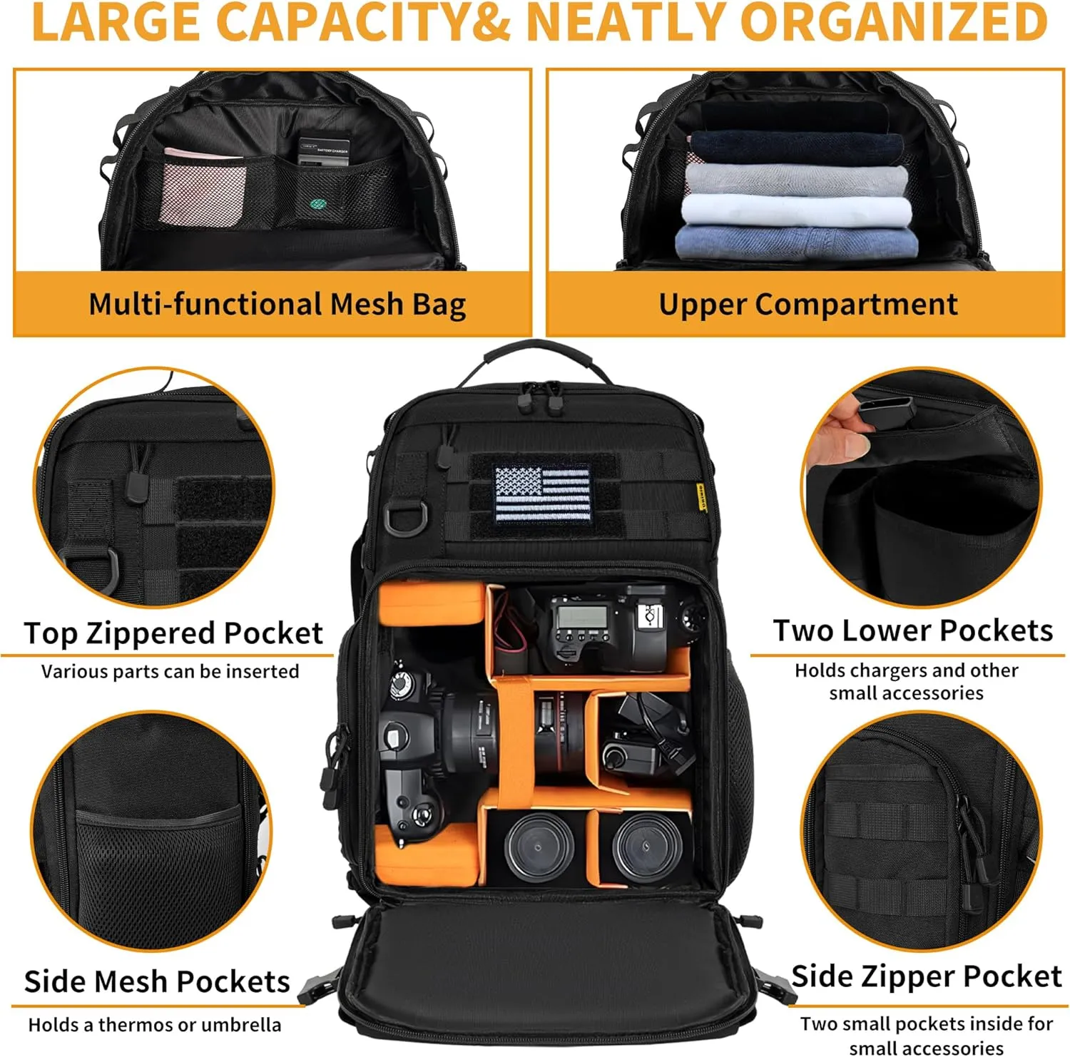 Camera Backpack for DSLR/SLR/Mirrorless Photography Camera, Tactical Camera Bag Case Water-resistant Travel Backpack with 15.6" Laptop Compartment Compatible with Canon/Nikon/Sony/DJI Mavic Drone