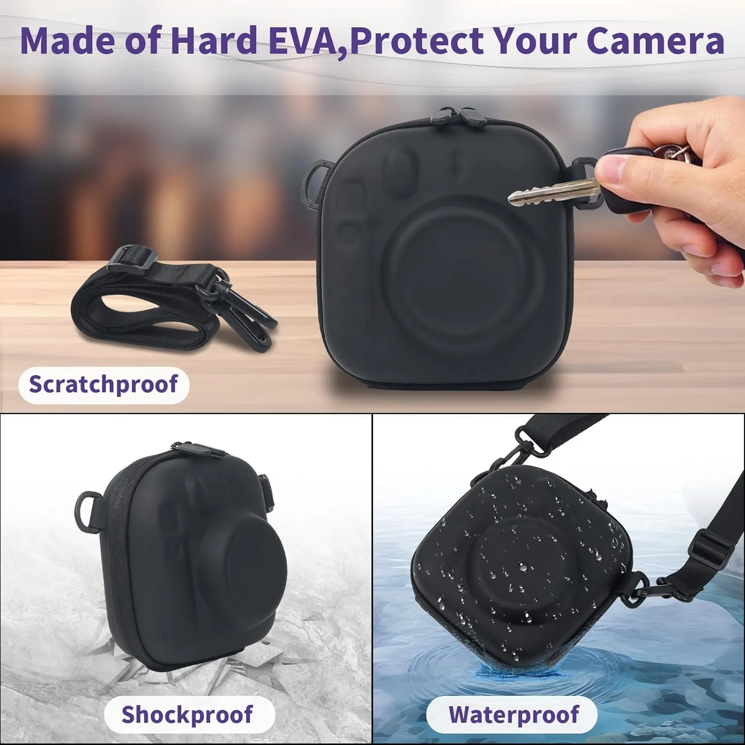 Camera Protective Case for Instax Mini 12/99, Hard Case for Fuji Mini 40/Mini 11/Mini 10/Mini 9/Mini 8/Mini 7  Instant Camera Carrying Storage Bag with Shoulder Strap, Black