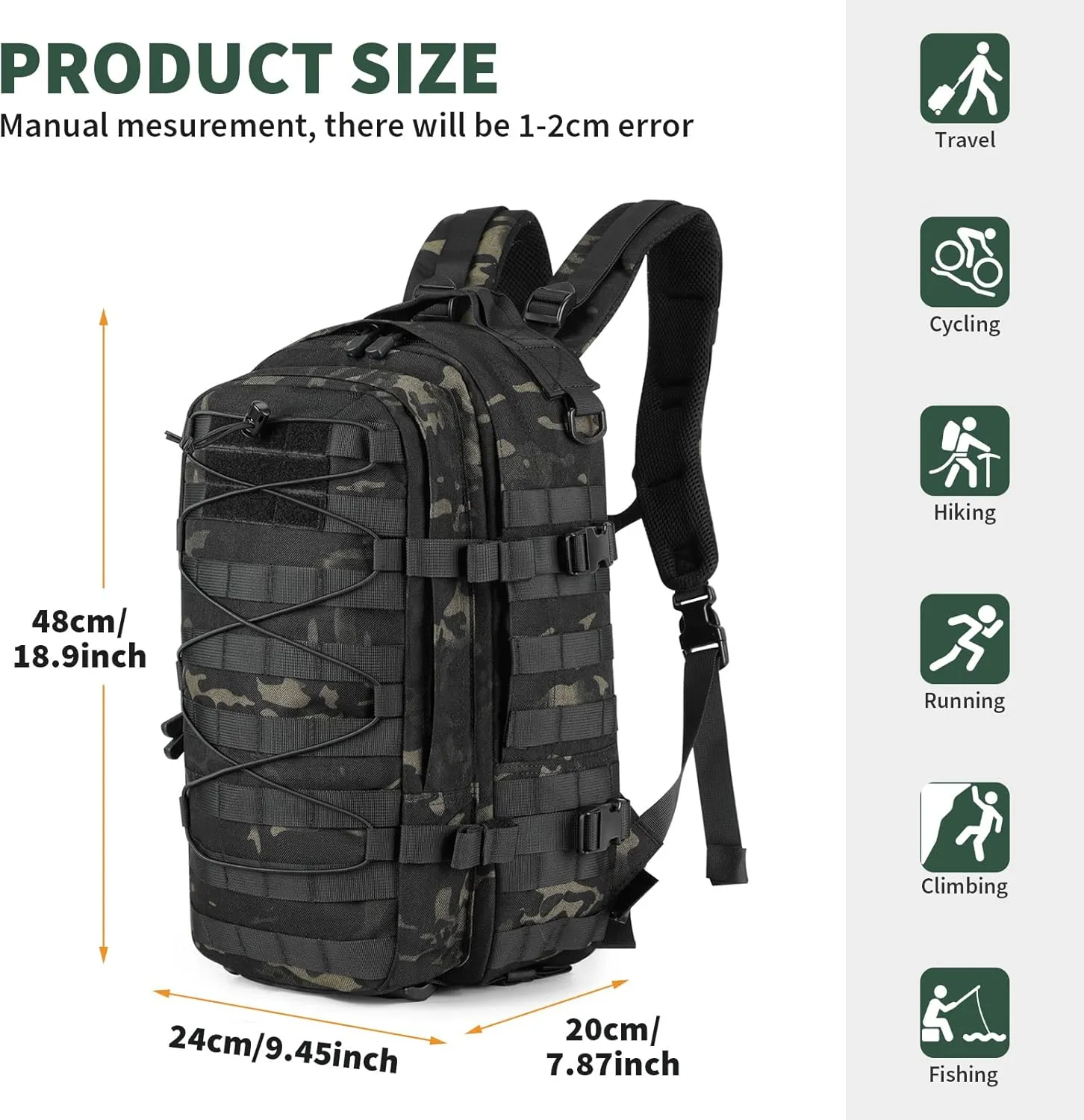 CamGo Military Tactical Backpack 25L Hunting Rucksack MOLLE Hiking Daypack for Daily Outdoor Sports (CP Black-25L)