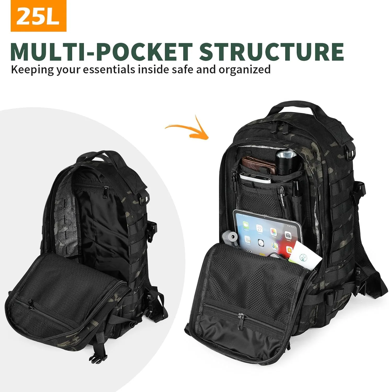 CamGo Military Tactical Backpack 25L Hunting Rucksack MOLLE Hiking Daypack for Daily Outdoor Sports (CP Black-25L)