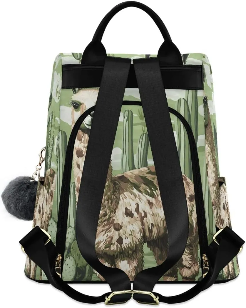 Camo Llama and Cactus Green Women Backpack Purse Anti Theft Back Zipper Design Travel Bag