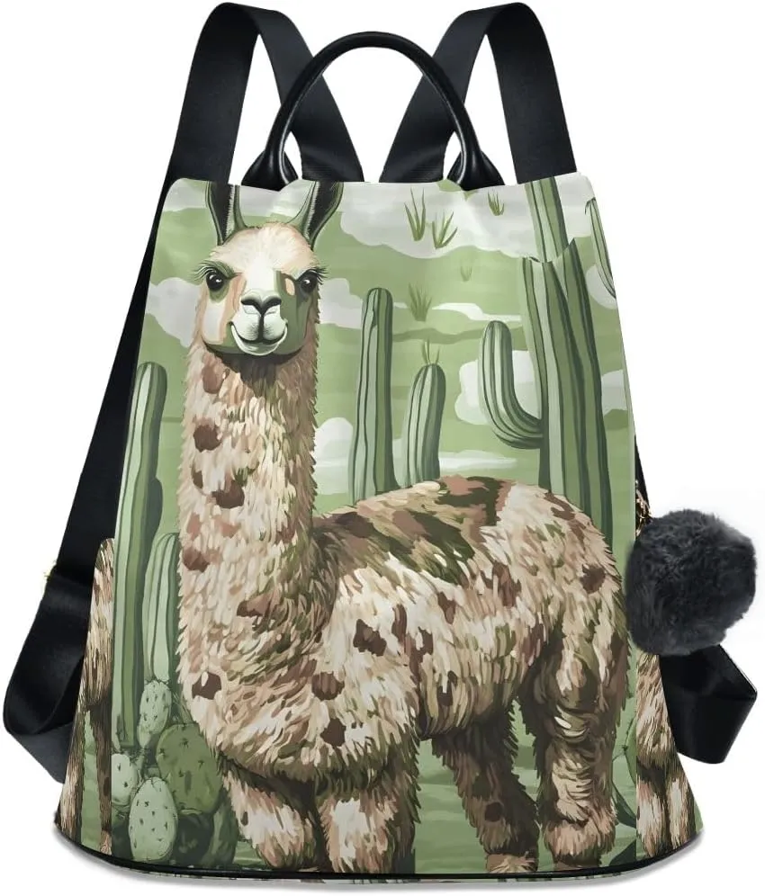 Camo Llama and Cactus Green Women Backpack Purse Anti Theft Back Zipper Design Travel Bag