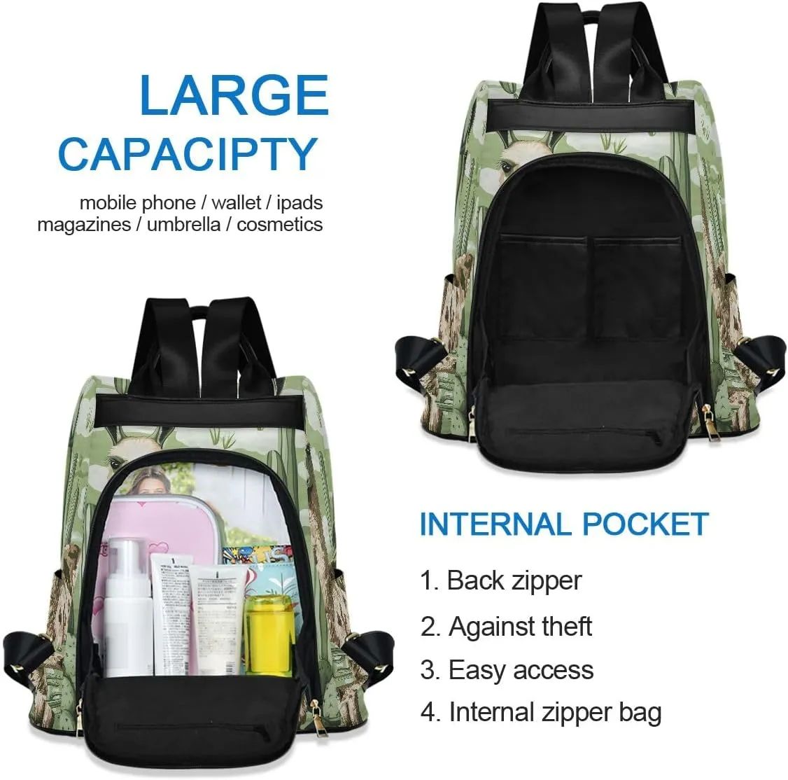 Camo Llama and Cactus Green Women Backpack Purse Anti Theft Back Zipper Design Travel Bag