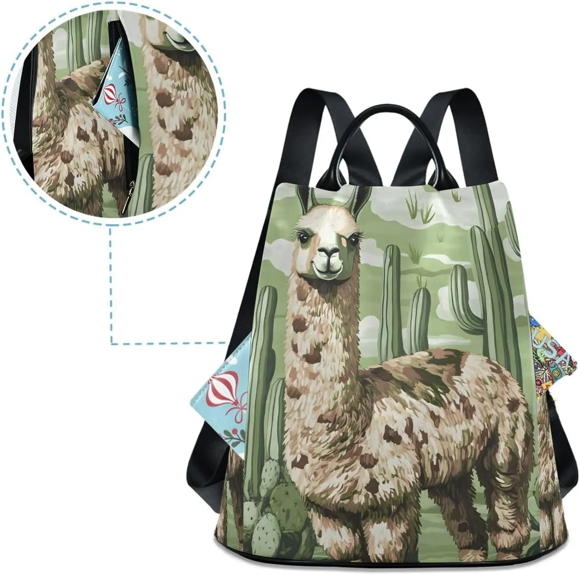 Camo Llama and Cactus Green Women Backpack Purse Anti Theft Back Zipper Design Travel Bag