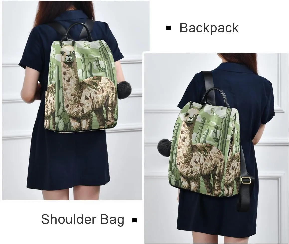 Camo Llama and Cactus Green Women Backpack Purse Anti Theft Back Zipper Design Travel Bag