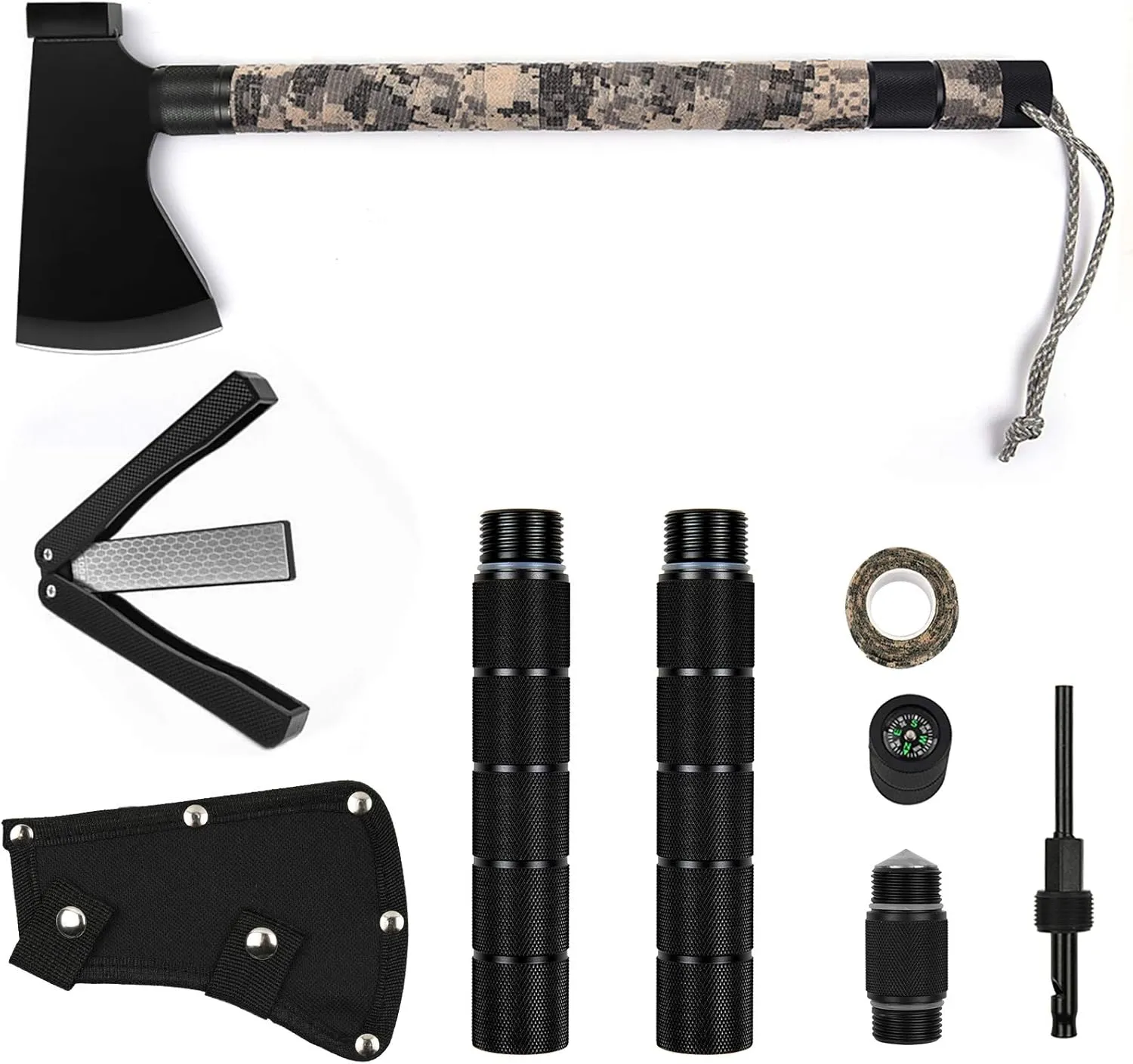 Camping Hatchet, Survival Axe, with Sharpener, Sheath, Tactical Axe Multitool, for Camping, Hiking, Survival, Hunting and Emergency