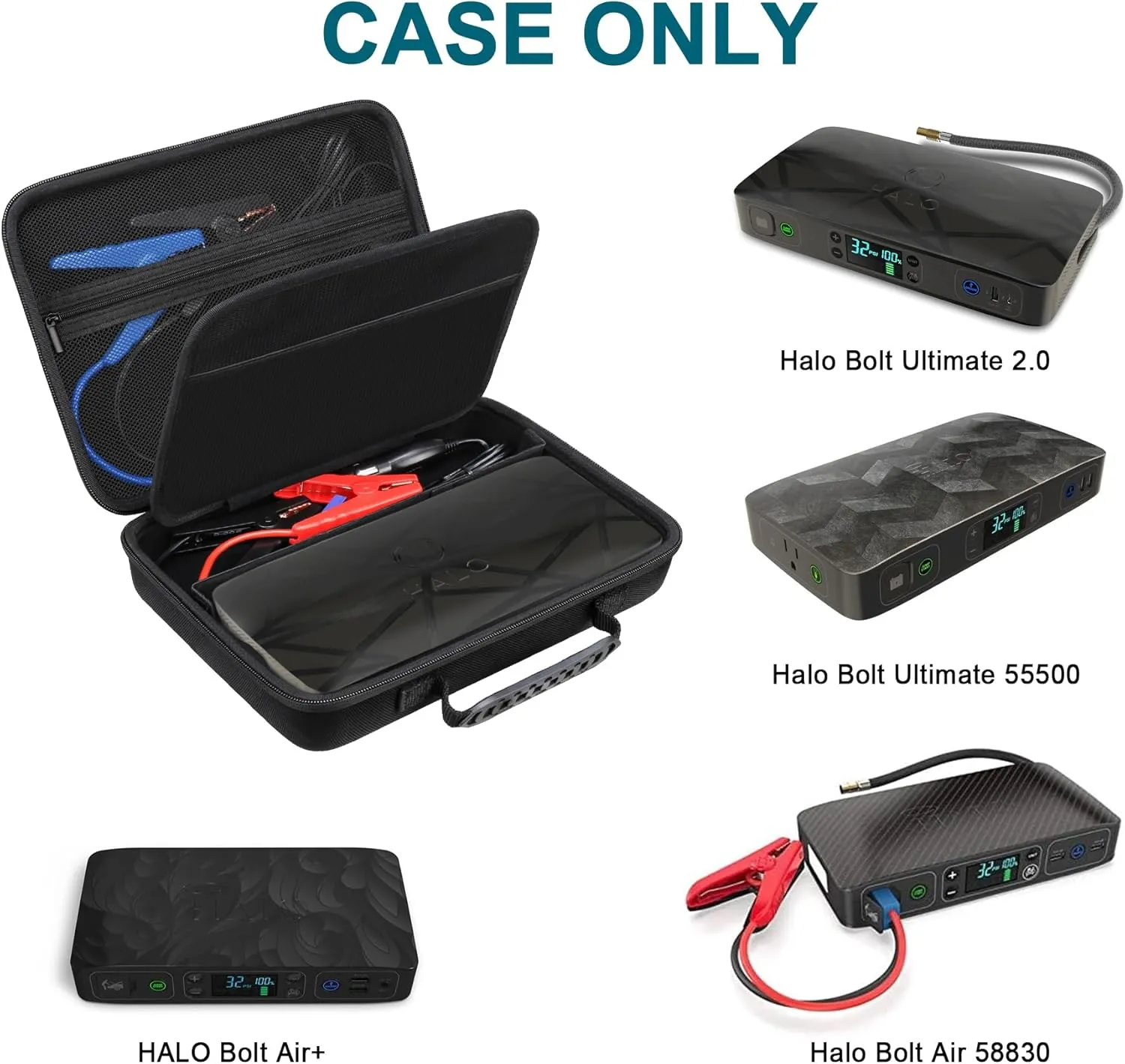 Canboc Hard Carrying Case for Halo Bolt Ultimate 2.0 3.0/ Halo Bolt Ultimate 55500/ Halo Bolt Air  1750 Portable Vehicle Jump Starter, Mesh Pocket fit Jump Cables, AC Outlet, Charger, Black