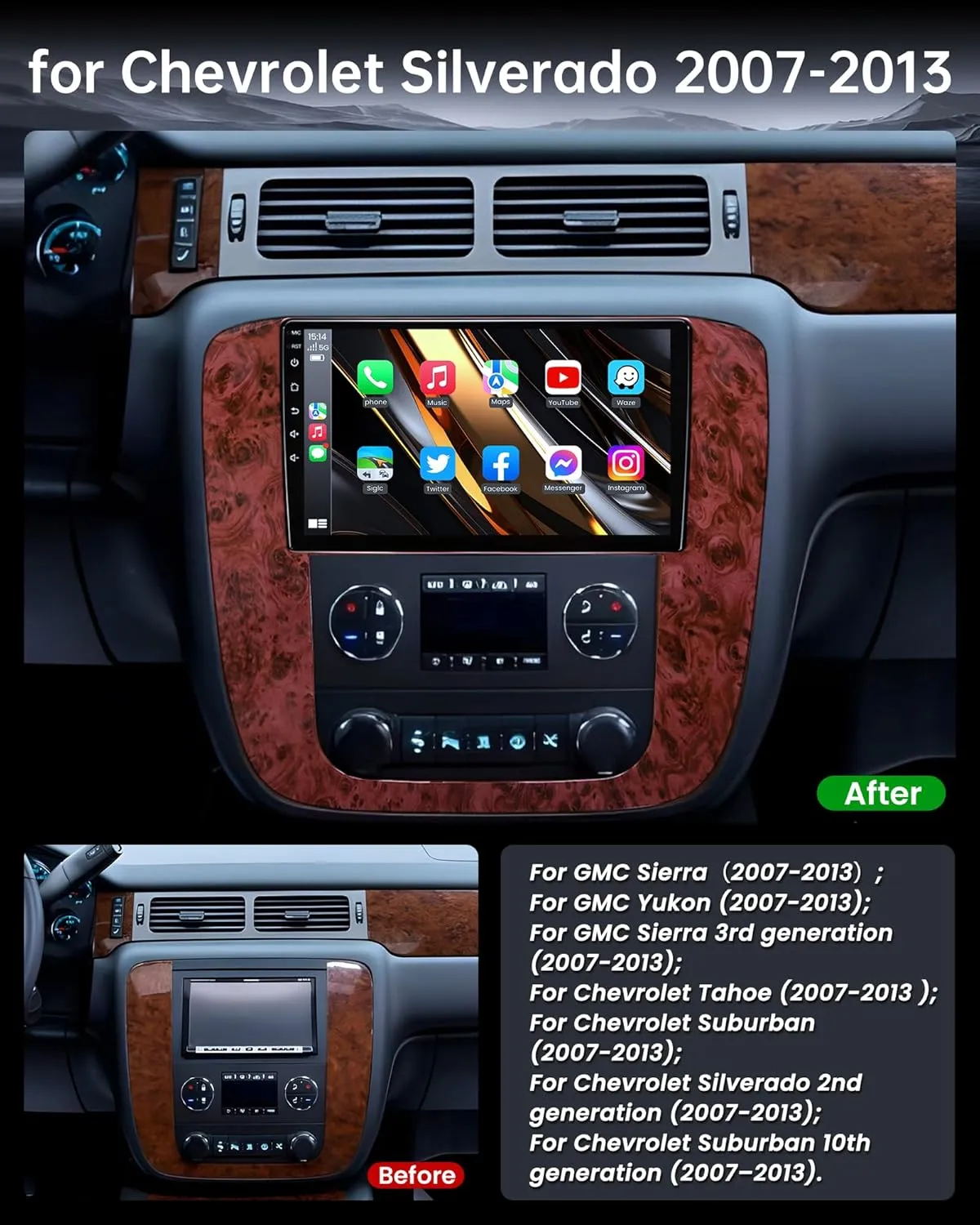 Car Radio Stereo for Chevy Silverado Tahoe Suburban GMC Yukon Sierra 2007-2013: 9" IPS Touch Screen Car Radio Build-in GPS Wireless CarPlay/Wired Android Auto Backup Camera/DSP/SWC 5G WiFi FM 2G 32G