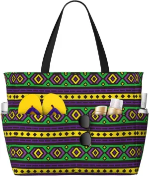 Carnival Mardi Gras Large Beach Tote Bag for Women Extra Large Capacity Waterproof Sandproof Pool Bag Suitable for Swimming Pool Gym Travel