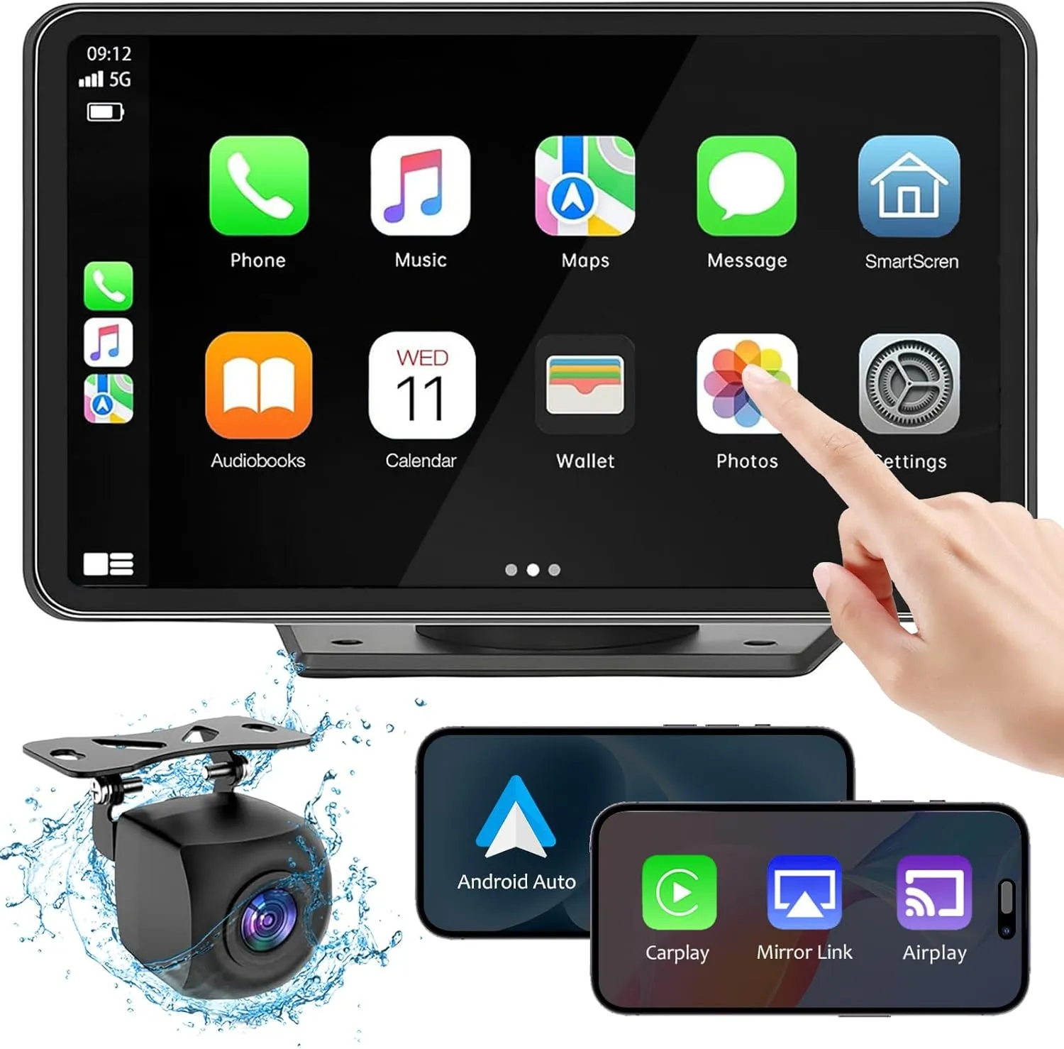 Carplay Screen for Car, 7" HD Wireless Portable Car Play Touchscreen Car Stereo with Android Auto Mirror Link/Backup Camera/GPS Navigation/Satellite Radio for All Vehicles