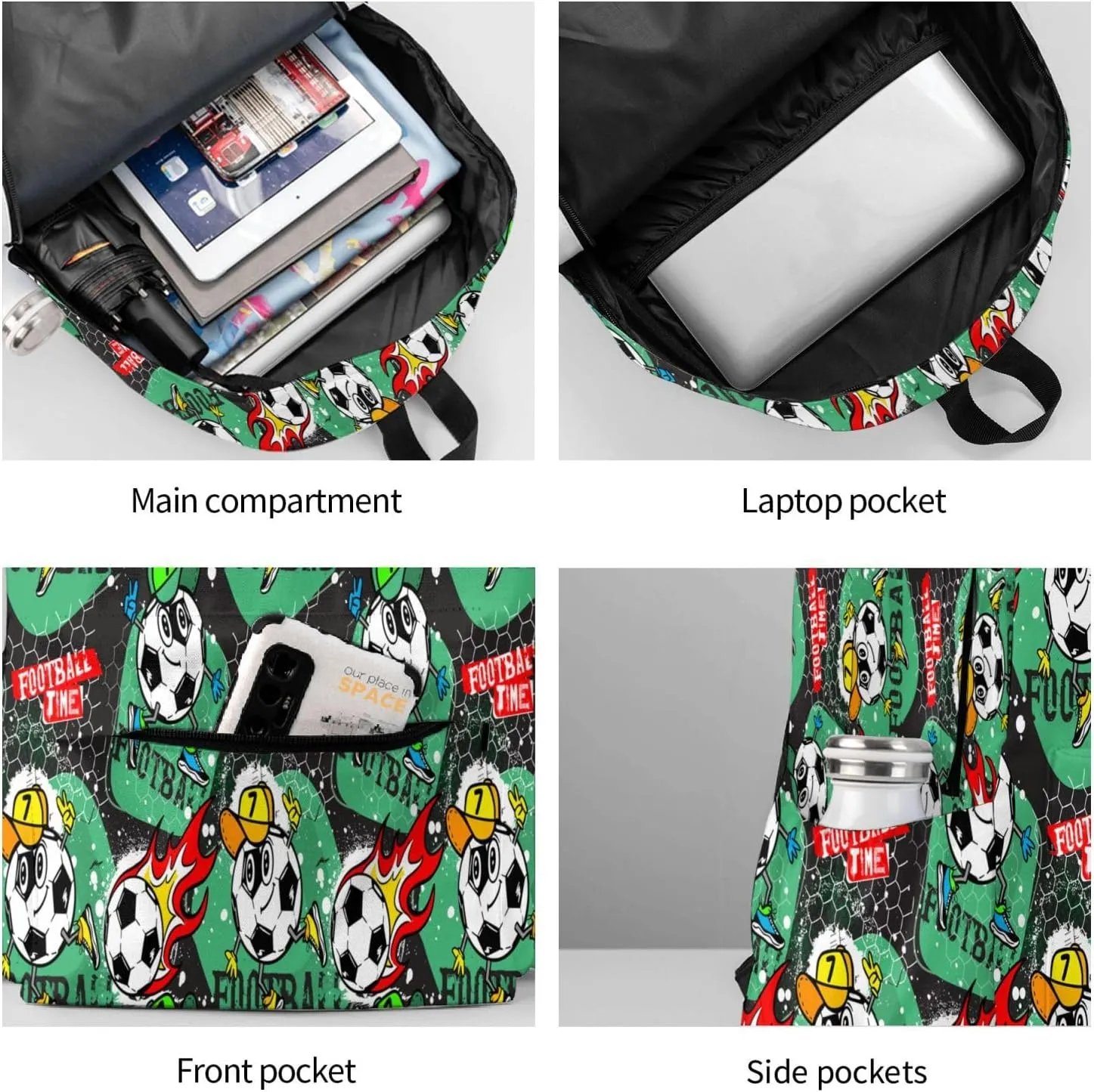 Cartoon Character Football Sport Time Laptop Backpack Shoulder Bag Laptop Pack Travel Backpacks Commuter Back Pack Casual Daypack Bags With Side Pockets