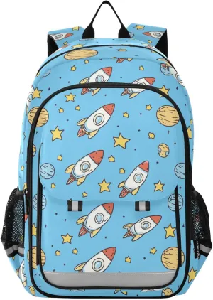 Cartoon Rockets Meteors Backpack for Boys Girls Elementary School Bag Kids Bookbag Travel Rucksack With Reflective Stripes