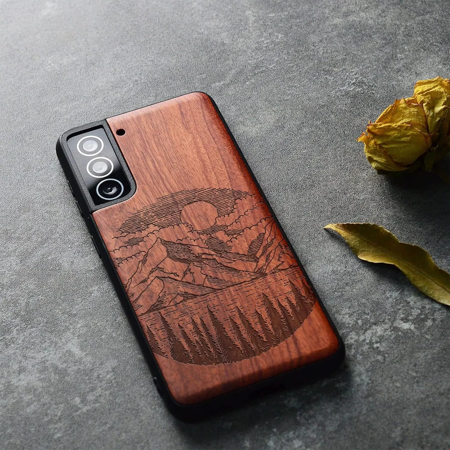 Carveit Wood Case for Galaxy S21 Plus Case [Natural Wood & Soft TPU] Shockproof Hybrid Protective Unique Wooden Cover Compatible with S21 Plus 5G (Alpine Lake Carving-Rosy)