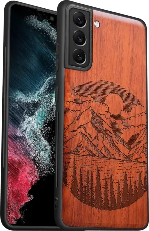 Carveit Wood Case for Galaxy S21 Plus Case [Natural Wood & Soft TPU] Shockproof Hybrid Protective Unique Wooden Cover Compatible with S21 Plus 5G (Alpine Lake Carving-Rosy)