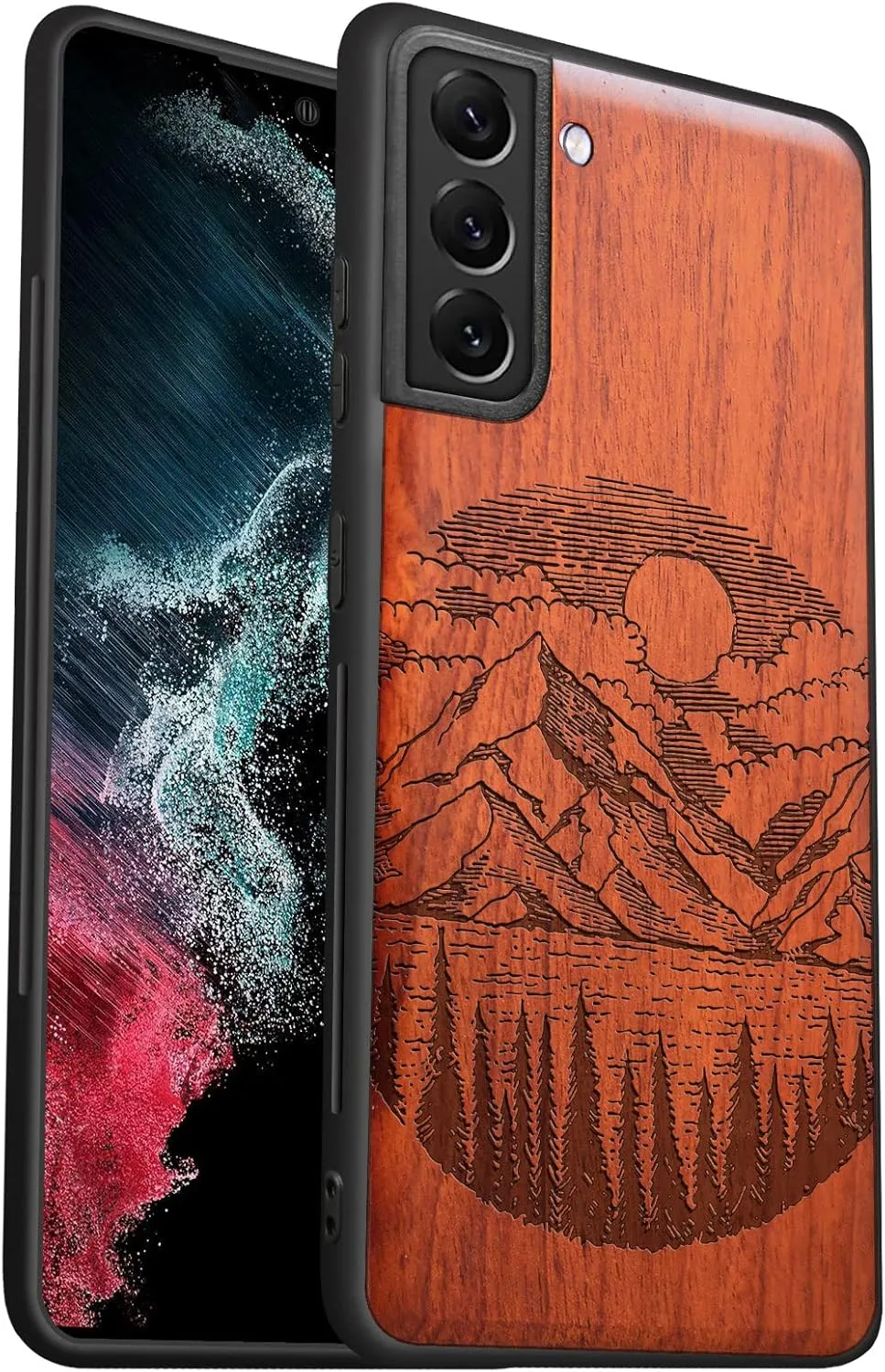 Carveit Wood Case for Galaxy S21 Plus Case [Natural Wood & Soft TPU] Shockproof Hybrid Protective Unique Wooden Cover Compatible with S21 Plus 5G (Alpine Lake Carving-Rosy)
