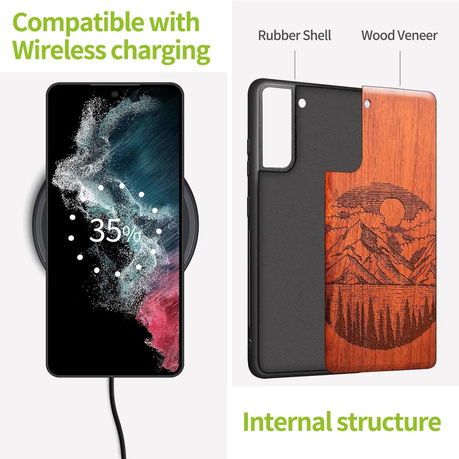 Carveit Wood Case for Galaxy S21 Plus Case [Natural Wood & Soft TPU] Shockproof Hybrid Protective Unique Wooden Cover Compatible with S21 Plus 5G (Alpine Lake Carving-Rosy)
