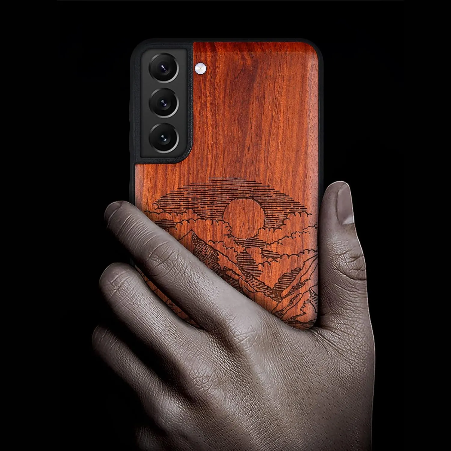 Carveit Wood Case for Galaxy S21 Plus Case [Natural Wood & Soft TPU] Shockproof Hybrid Protective Unique Wooden Cover Compatible with S21 Plus 5G (Alpine Lake Carving-Rosy)