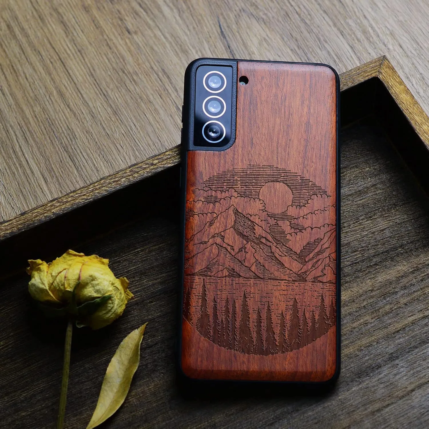 Carveit Wood Case for Galaxy S21 Plus Case [Natural Wood & Soft TPU] Shockproof Hybrid Protective Unique Wooden Cover Compatible with S21 Plus 5G (Alpine Lake Carving-Rosy)