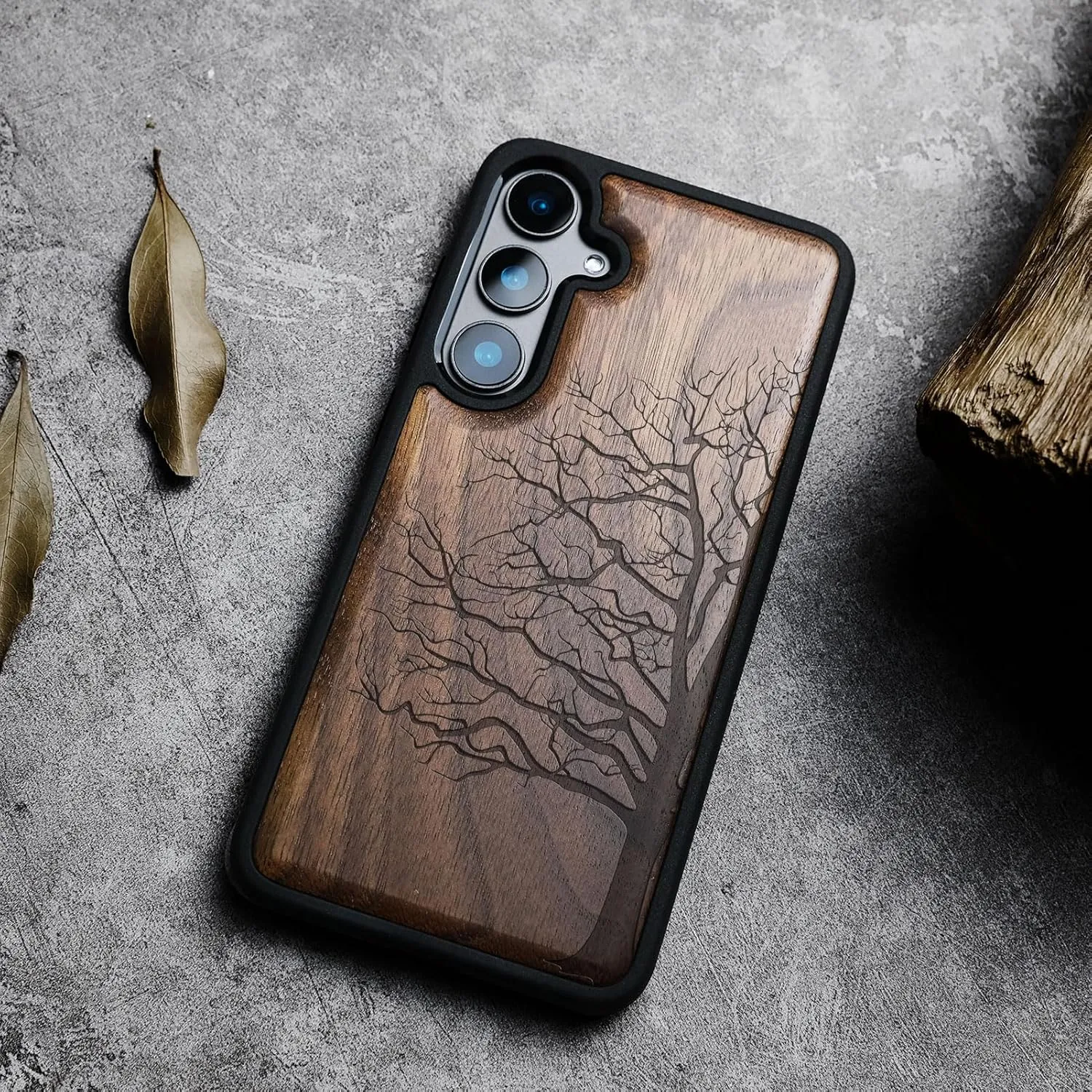 Carveit Wood Case for Galaxy S24 [Natural Wood & Black Soft TPU] Shockproof Protective Cover Unique Wooden Design Compatible with Samsung S24 (Eternal Tree-Walnut)