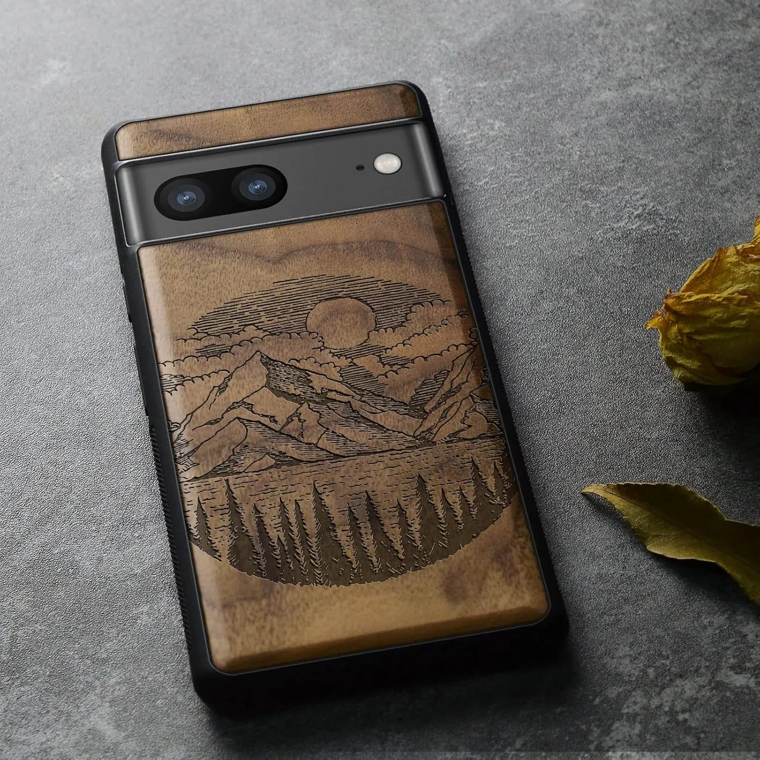 Carveit Wood Case for Pixel 8 Case [Natural Wood & Black Soft TPU] Shockproof Protective Unique Wooden Cover Compatible with Google Pixel 8 (Alpine Lake-Walnut)