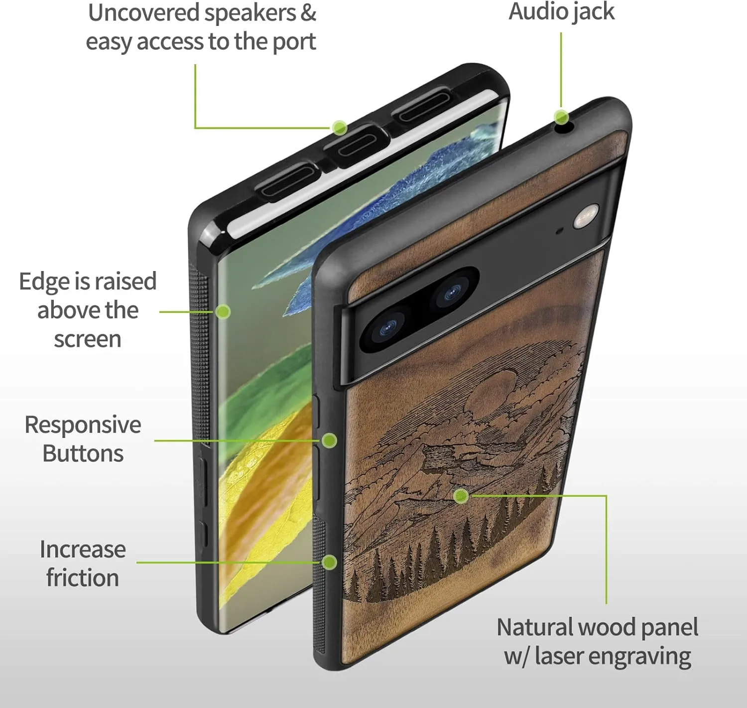 Carveit Wood Case for Pixel 8 Case [Natural Wood & Black Soft TPU] Shockproof Protective Unique Wooden Cover Compatible with Google Pixel 8 (Alpine Lake-Walnut)