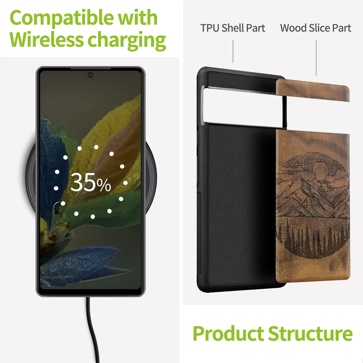 Carveit Wood Case for Pixel 8 Case [Natural Wood & Black Soft TPU] Shockproof Protective Unique Wooden Cover Compatible with Google Pixel 8 (Alpine Lake-Walnut)