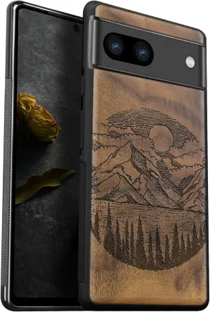 Carveit Wood Case for Pixel 8 Case [Natural Wood & Black Soft TPU] Shockproof Protective Unique Wooden Cover Compatible with Google Pixel 8 (Alpine Lake-Walnut)