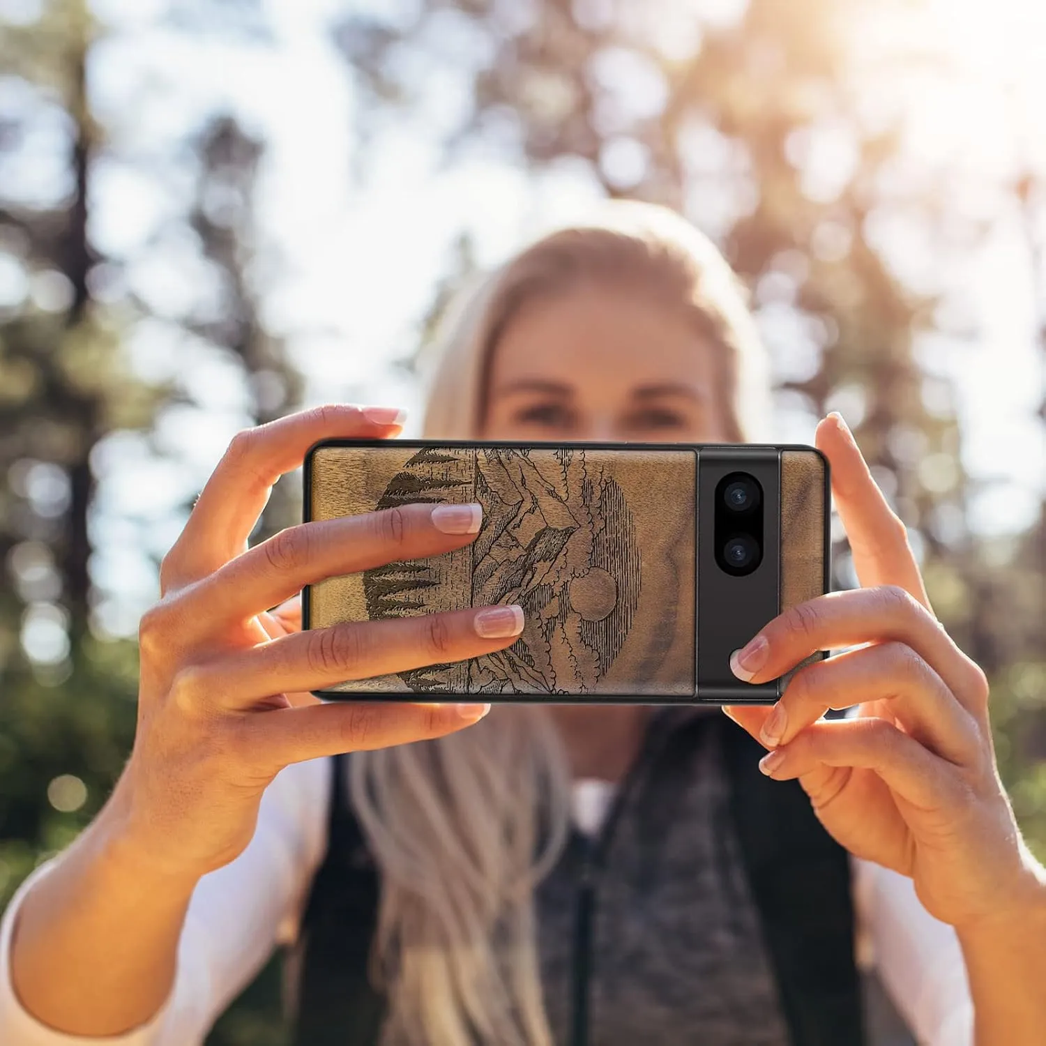 Carveit Wood Case for Pixel 8 Case [Natural Wood & Black Soft TPU] Shockproof Protective Unique Wooden Cover Compatible with Google Pixel 8 (Alpine Lake-Walnut)
