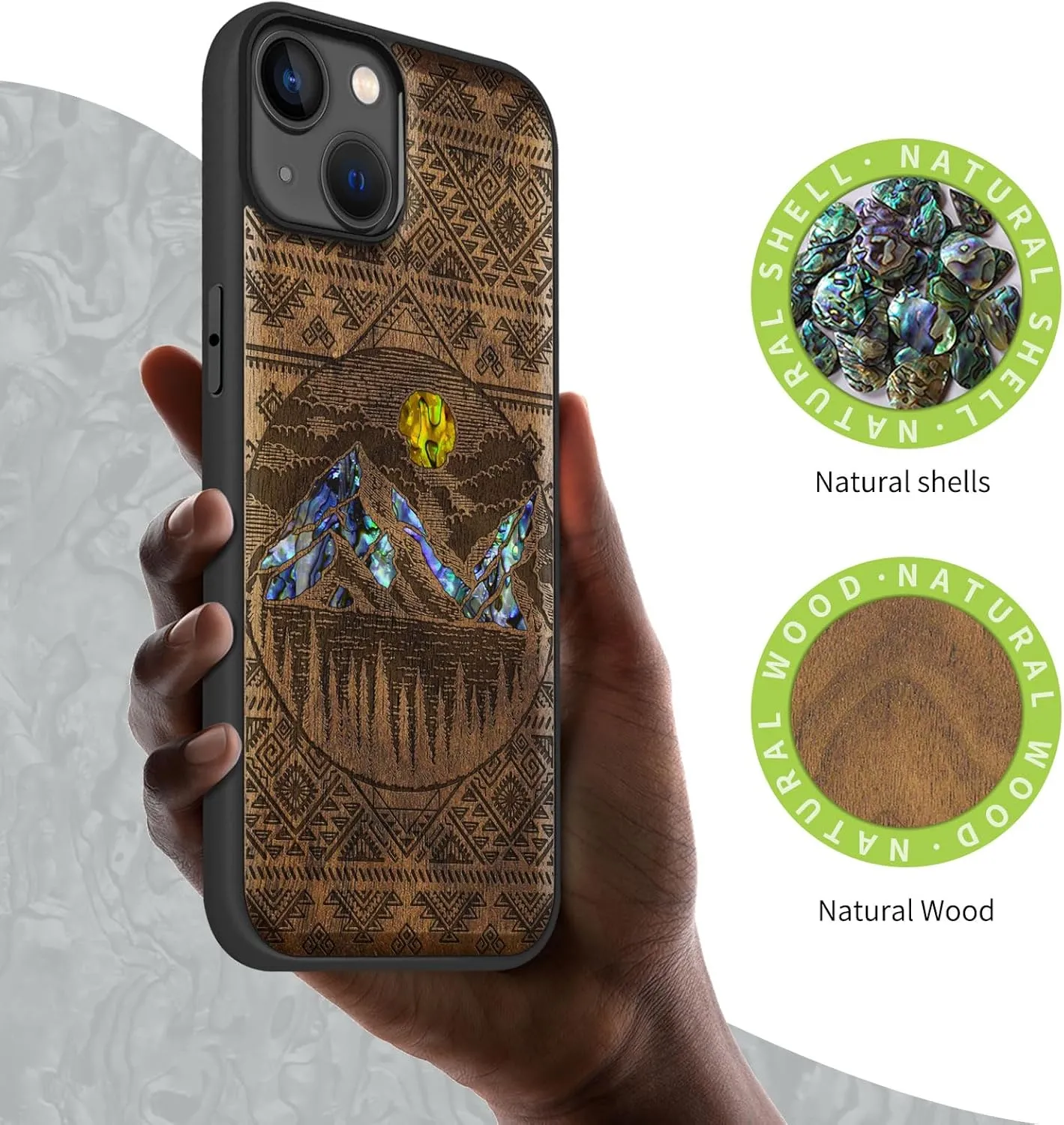 Carveit Wooden Case for iPhone 15 Plus Magnetic Case, Compatible with MagSafe Wireless Chargers, Shockproof Cover, Handmade Shell Inlaid & Wood Artisan Engraved (Aztec Style Alpine Lakes) Walnut