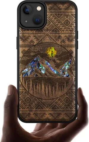 Carveit Wooden Case for iPhone 15 Plus Magnetic Case, Compatible with MagSafe Wireless Chargers, Shockproof Cover, Handmade Shell Inlaid & Wood Artisan Engraved (Aztec Style Alpine Lakes) Walnut