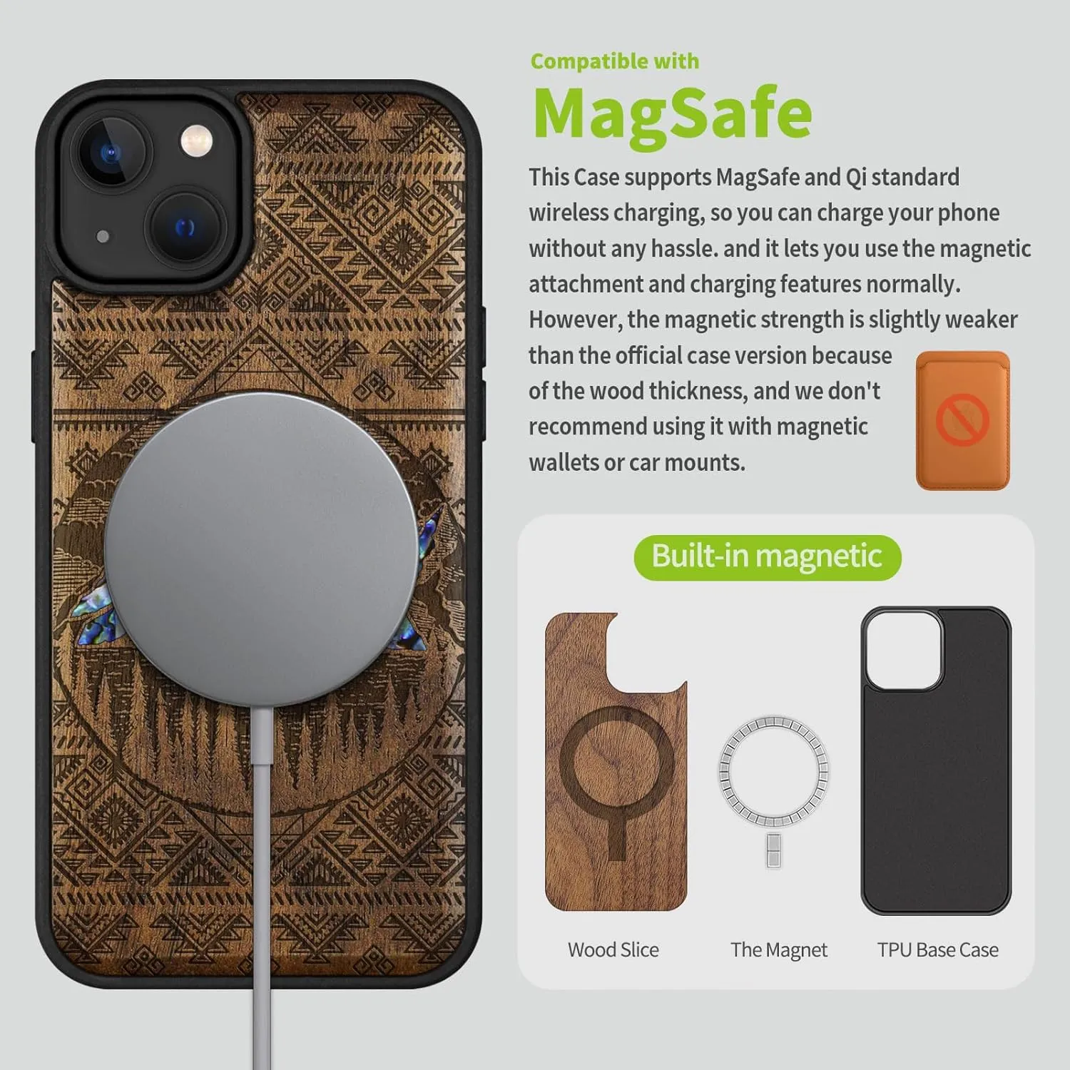 Carveit Wooden Case for iPhone 15 Plus Magnetic Case, Compatible with MagSafe Wireless Chargers, Shockproof Cover, Handmade Shell Inlaid & Wood Artisan Engraved (Aztec Style Alpine Lakes) Walnut