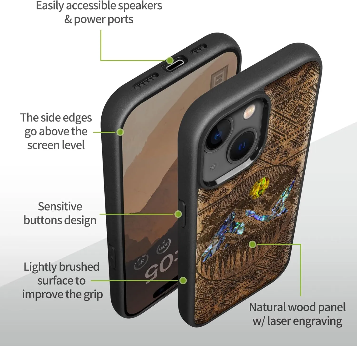Carveit Wooden Case for iPhone 15 Plus Magnetic Case, Compatible with MagSafe Wireless Chargers, Shockproof Cover, Handmade Shell Inlaid & Wood Artisan Engraved (Aztec Style Alpine Lakes) Walnut