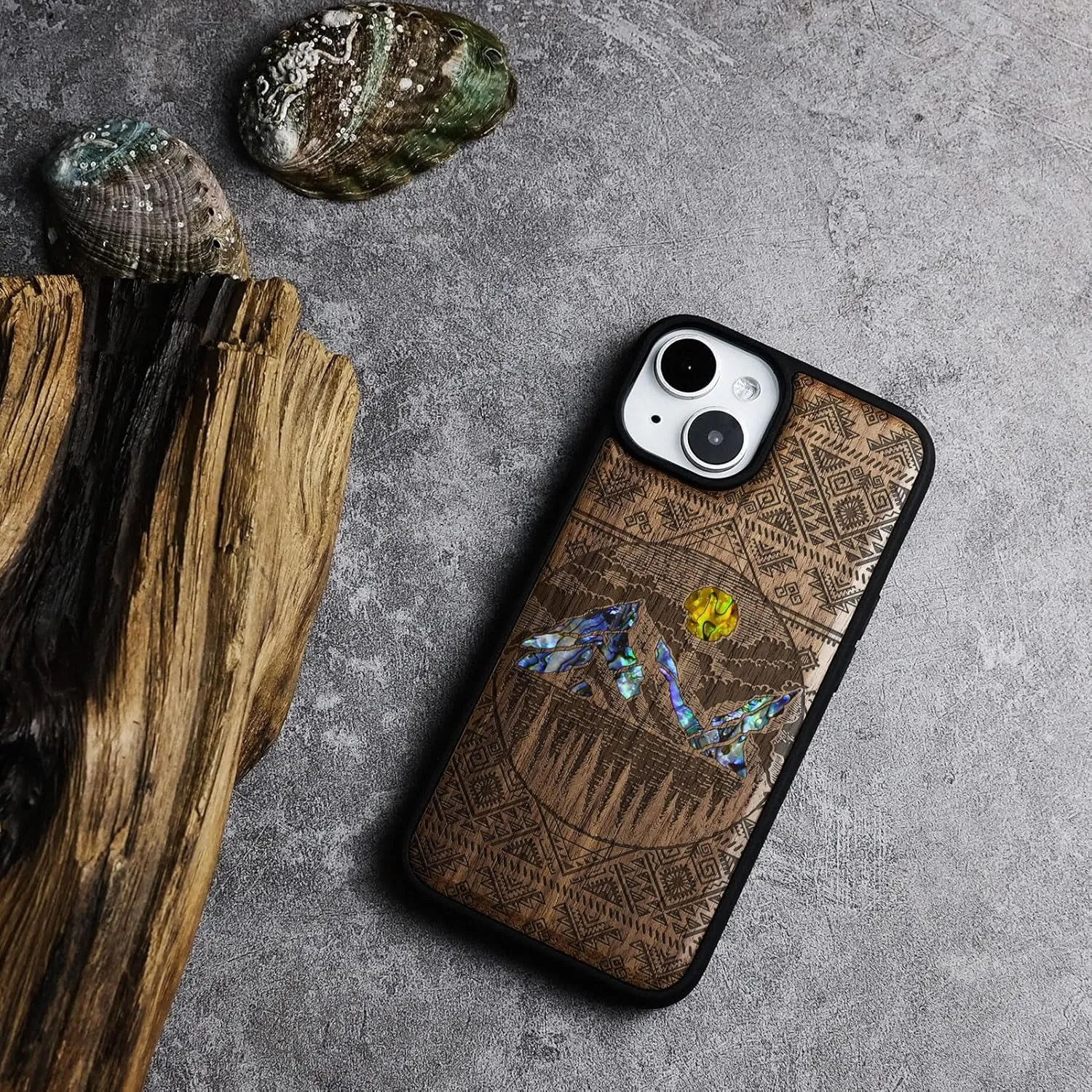 Carveit Wooden Case for iPhone 15 Plus Magnetic Case, Compatible with MagSafe Wireless Chargers, Shockproof Cover, Handmade Shell Inlaid & Wood Artisan Engraved (Aztec Style Alpine Lakes) Walnut
